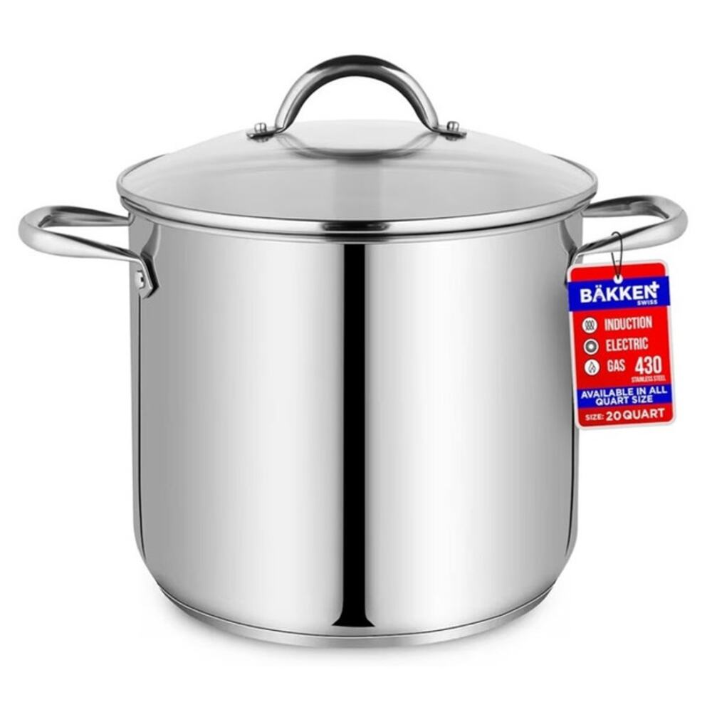 Bakken Swiss Stainless Steel Stockpot Tempered Glass Lid 20 QT Durable 18/0 NEW